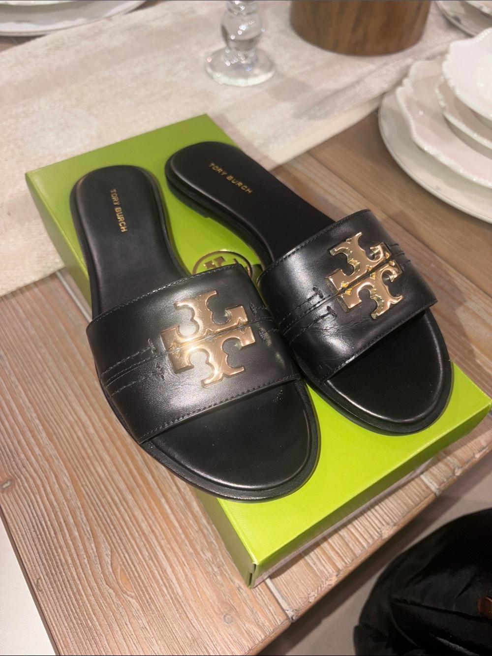Tory Burch Black Leather Slides with Gold Logo Hardware Size 7.5